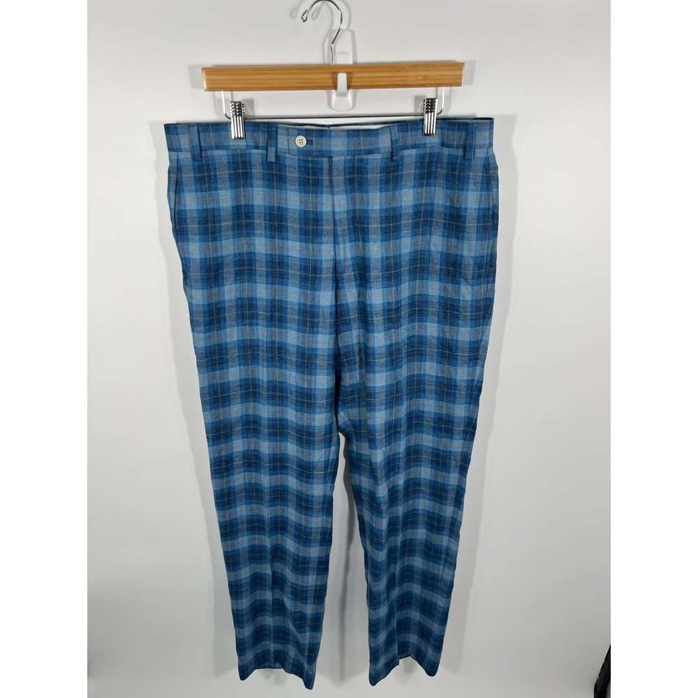 Lauren Ralph Lauren Mens Linen Blend Dress Pants 36x32 Blue Tartan Plaid Golf